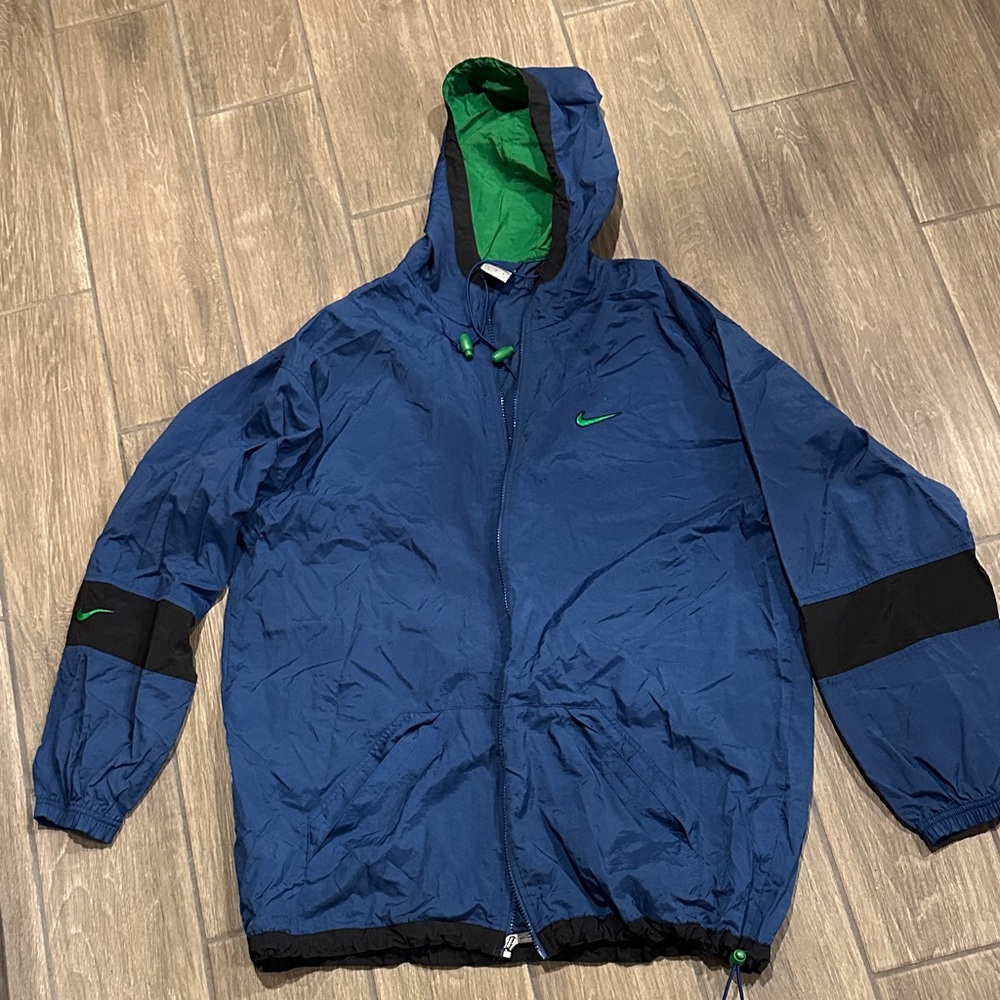 Nike Men's Blue and Black Windbreaker with Green accent. Size Large.